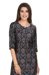 Dark Blue Silk Kurti for Women: Straight Cut with Ajrak Block Print